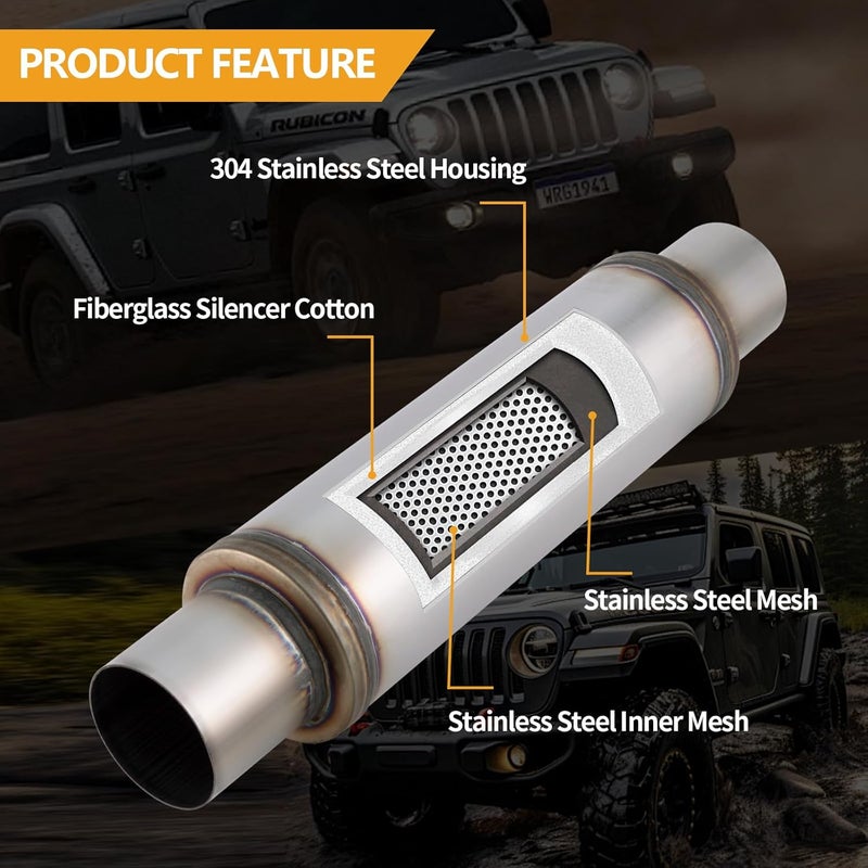 Piclafe 3 Inch Exhaust Muffler, 3" Inlet/Outlet 20" Overall Length Resonator, Stainless Steel Straight Through Design Performance Muffler, 1 PC - Image 3